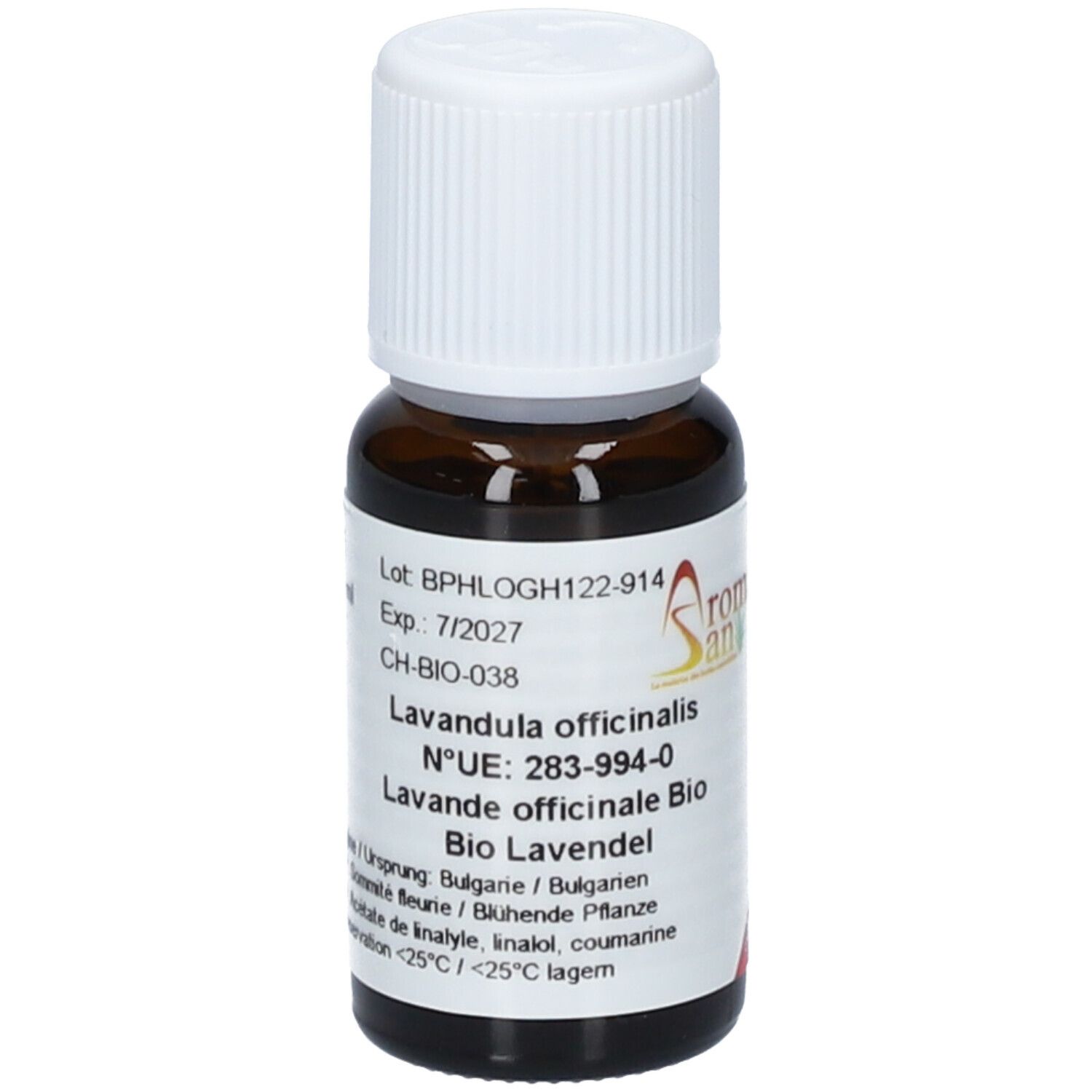 Braune Glasflasche mit weißem Deckel. Etikett mit Produktinformationen. Aromasan Logo. Lavandula officinalis. Rote Ecke.