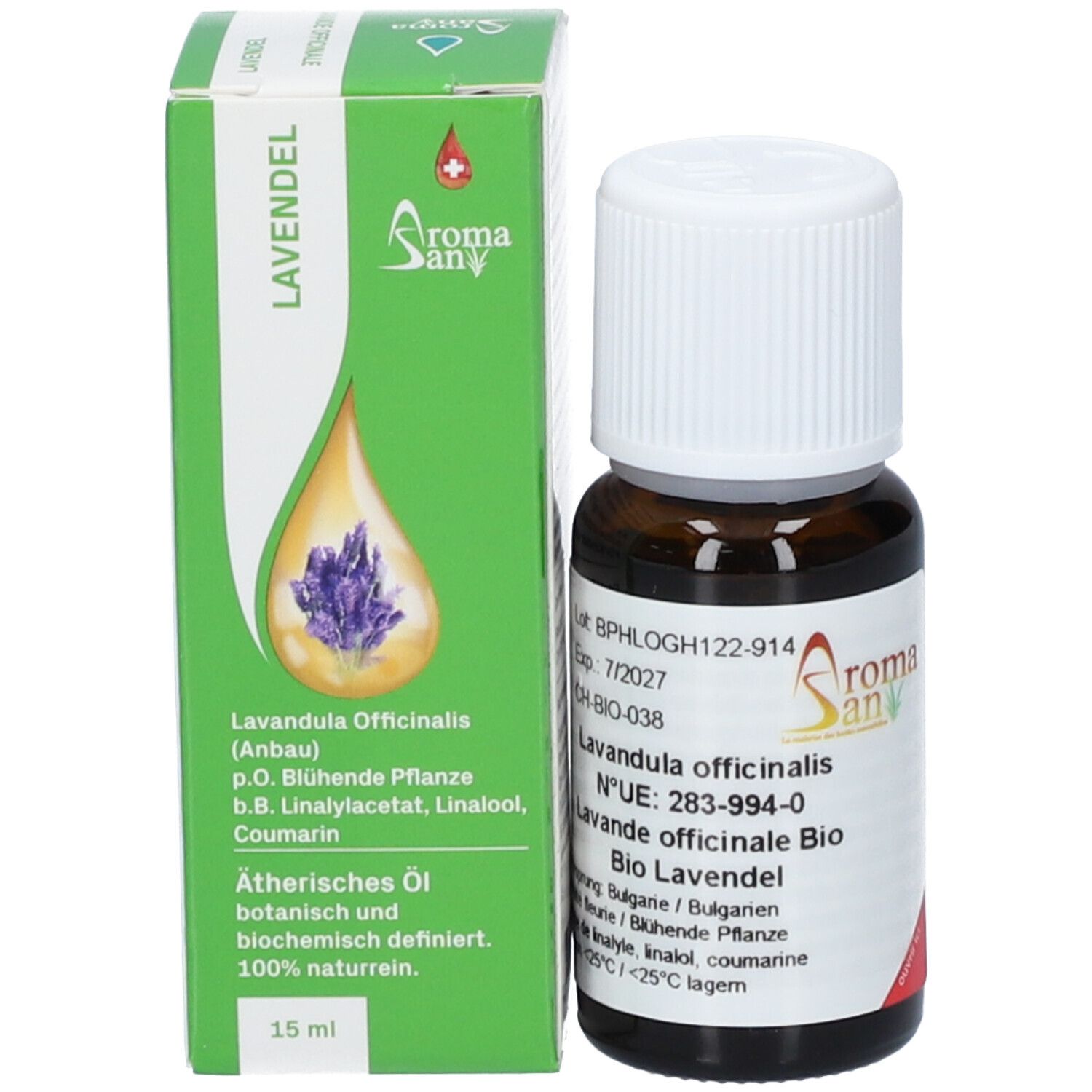 Braune Glasflasche mit weißem Deckel und grüne Verpackung. Aromasan Logo. Lavendel. 15 ml. Ätherisches Öl.
