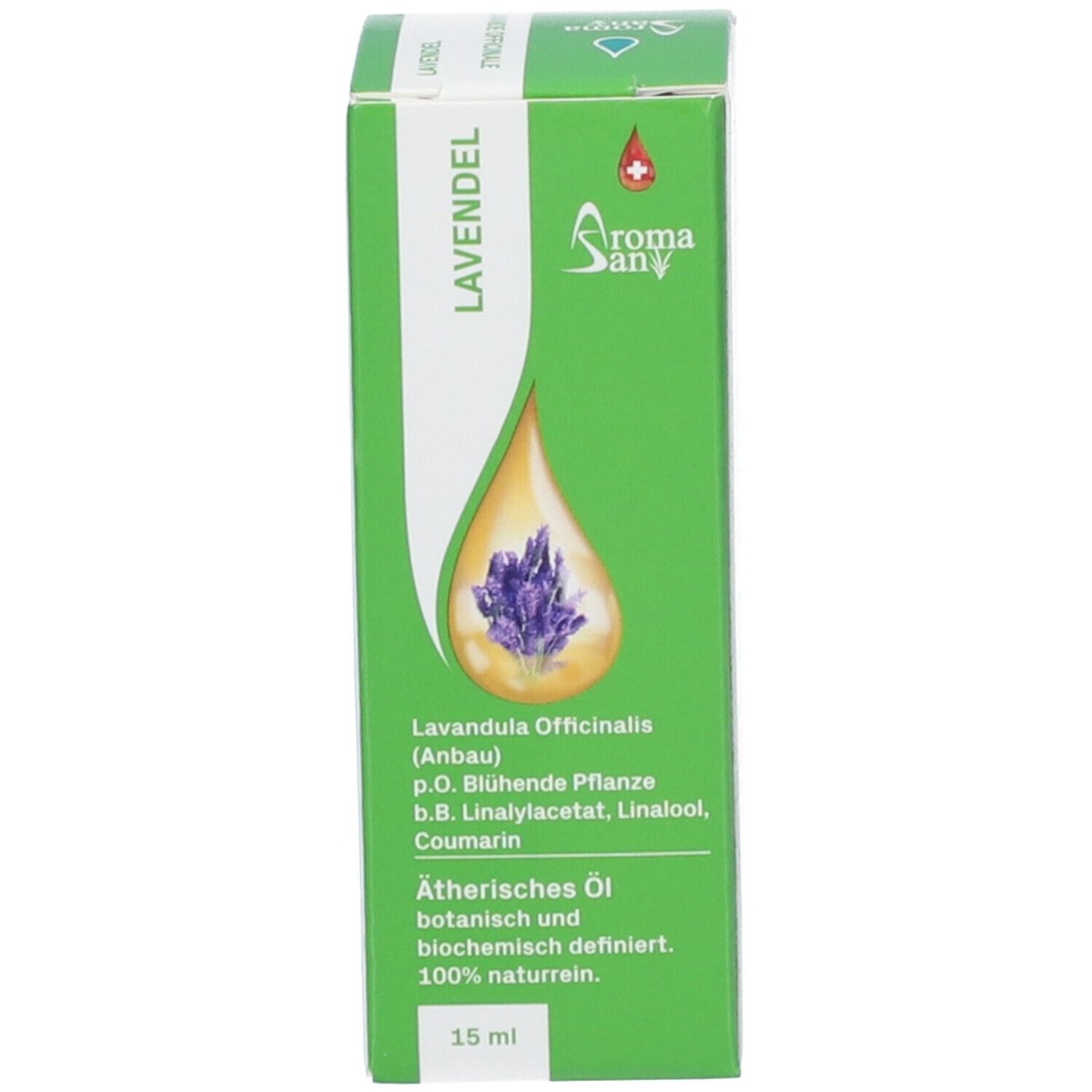 Grüne Verpackung mit brauner Glasflasche. Aromasan Logo. Lavendel. 15 ml. Ätherisches Öl. Lavandula Officinalis.