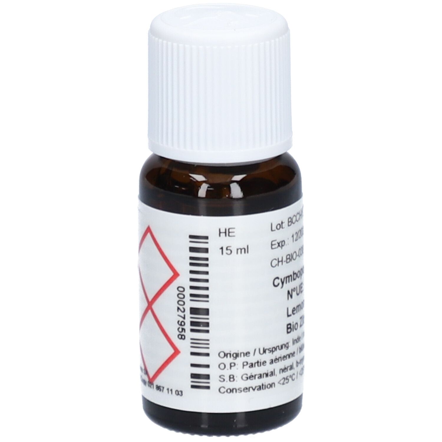 Flacon en verre brun avec bouchon blanc. Étiquette avec symboles de danger et texte. Volume: 15 ml.
