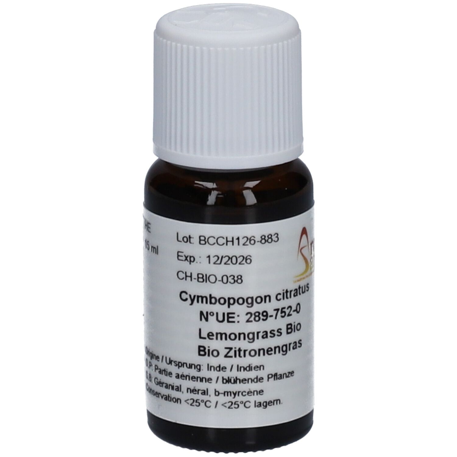 Flacon en verre brun avec bouchon blanc. Inscription: Aromasan, Lemongrass Bio. Volume: 10 ml. Date de péremption 12/2026.