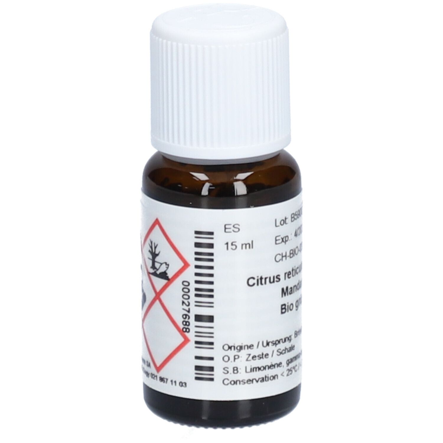 Braune Glasflasche mit weißem Deckel. Etikett mit Warnsymbolen und Produktinformationen. 15 ml.