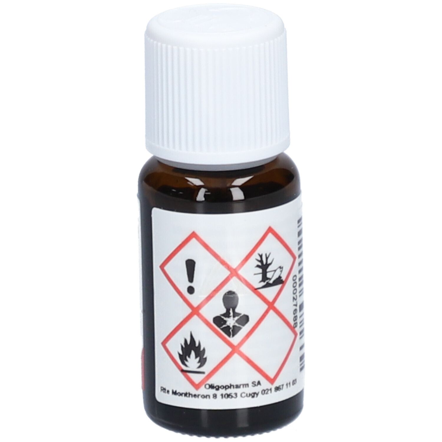 Braune Glasflasche mit weißem Deckel. Etikett mit Warnsymbolen. Oligopharm SA. Gefahrensymbole.