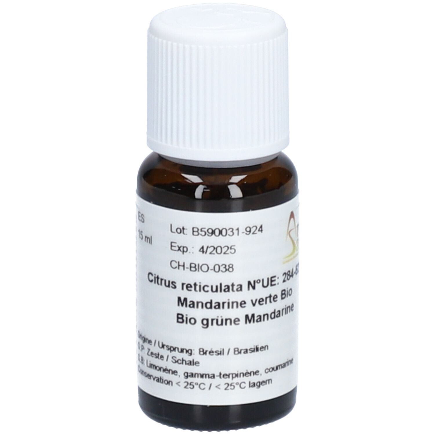 Braune Glasflasche mit weißem Deckel. Etikett mit Produktinformationen. 15 ml. Aromasan Logo und Text: Bio grüne Mandarine.
