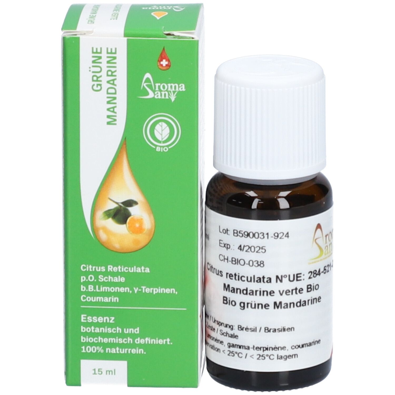 Braune Glasflasche und grüne Schachtel. Schachtel mit Produktabbildung und Text: Grüne Mandarine. 15 ml.