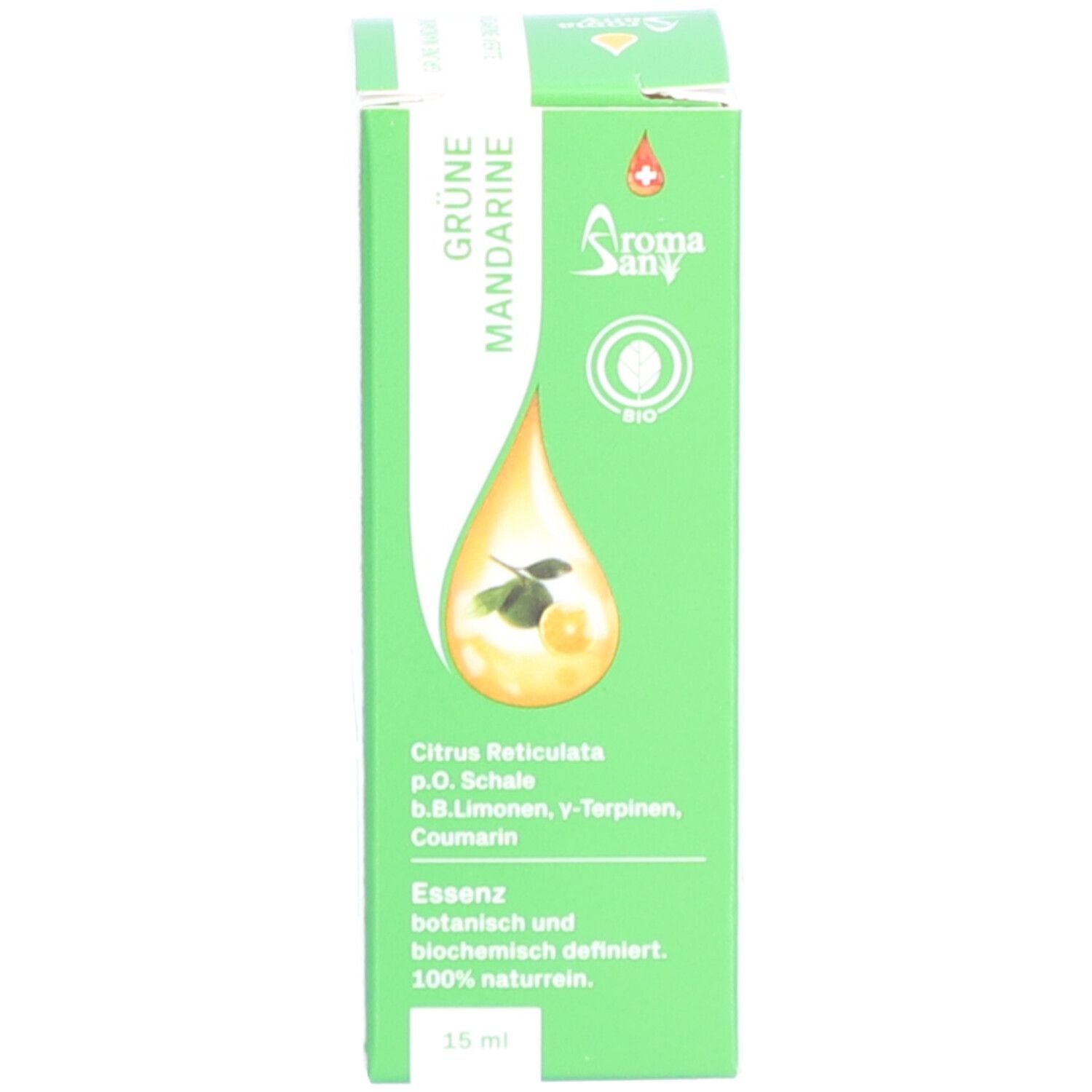 Grüne Schachtel mit Produktabbildung und Text: Grüne Mandarine. Aromasan Logo. 15 ml. Essenz botanisch definiert.