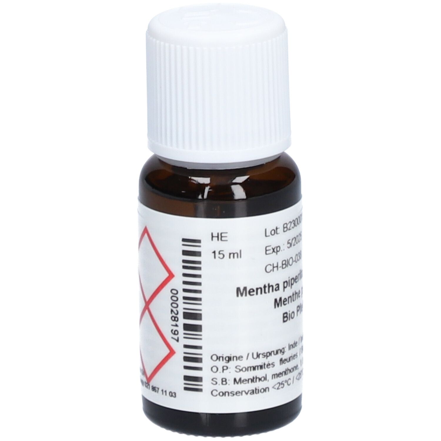 Flacon en verre brun avec bouchon blanc. Étiquette avec texte et symbole de danger. 15 ml.