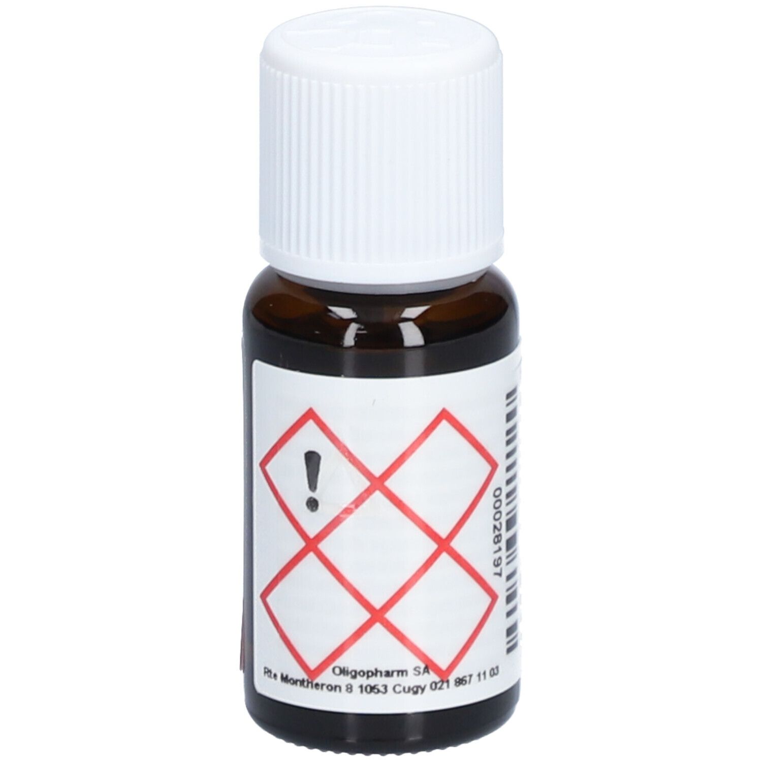 Flacon en verre brun avec bouchon blanc. Étiquette avec symbole de danger. Adresse Oligopharm S.A.