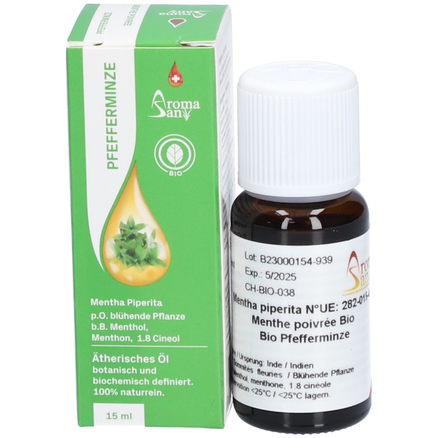 Emballage du produit avec flacon. Boîte verte avec image de flacon et texte: Pfefferminze, Aromasan Bio.
