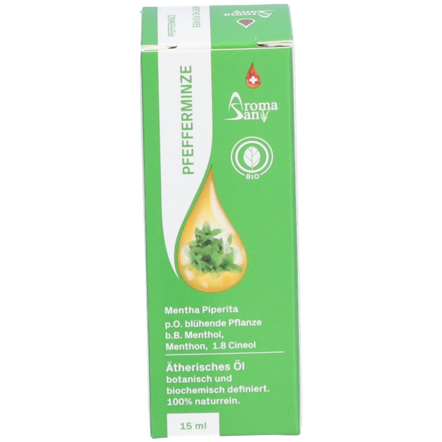 Emballage de produit vert. Texte: Pfefferminze, Aromasan Bio. Image d'une goutte avec de la menthe.