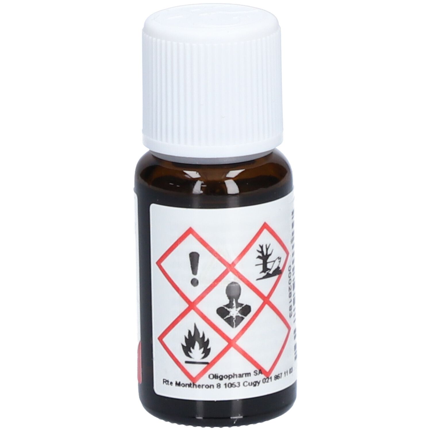 Braune Glasflasche mit weißem Deckel. Etikett mit Gefahrensymbolen und Produktinformationen.