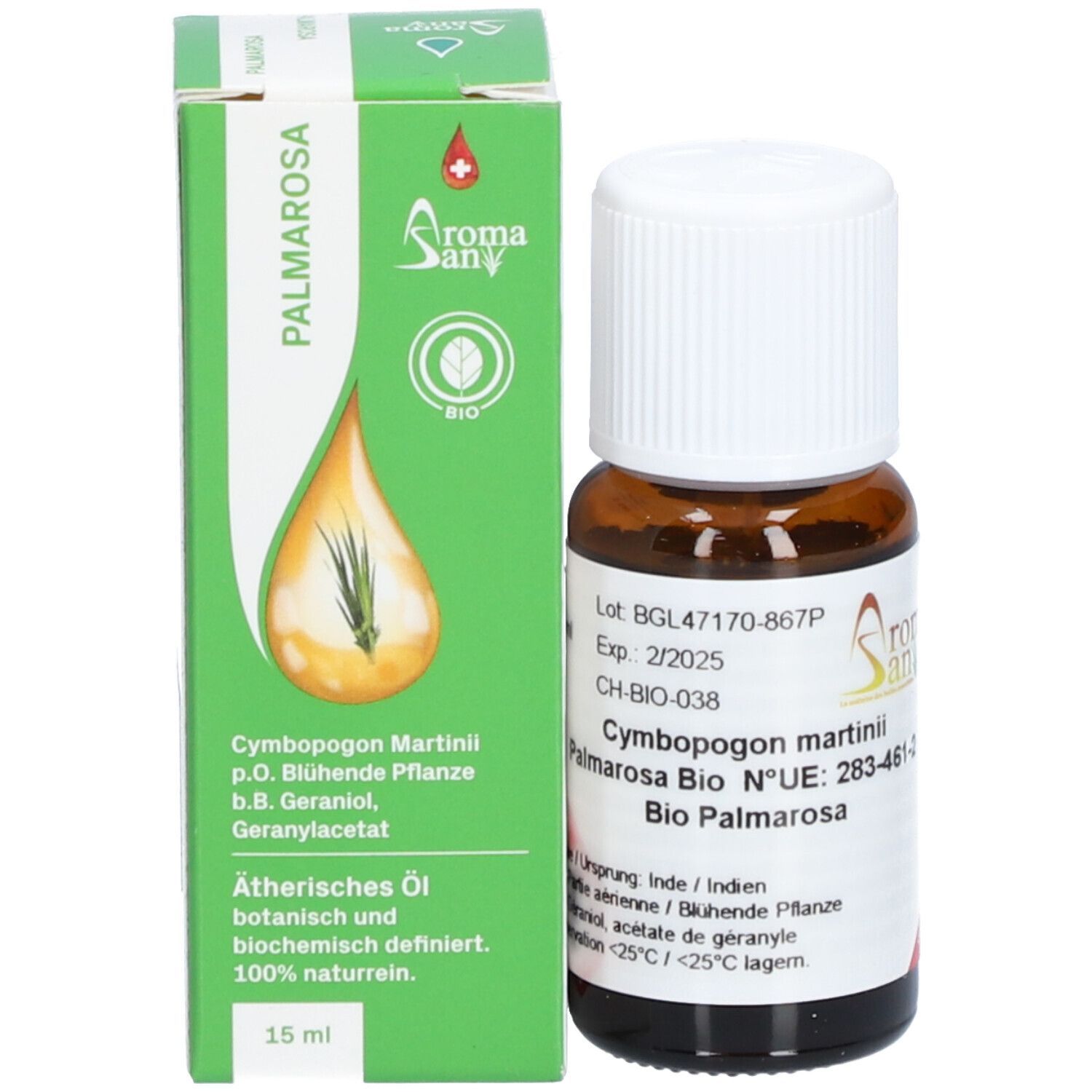 Braune Glasflasche mit weißem Schraubverschluss und grüne Verpackung. Etikett mit Produktinformationen. Aromasan Logo.