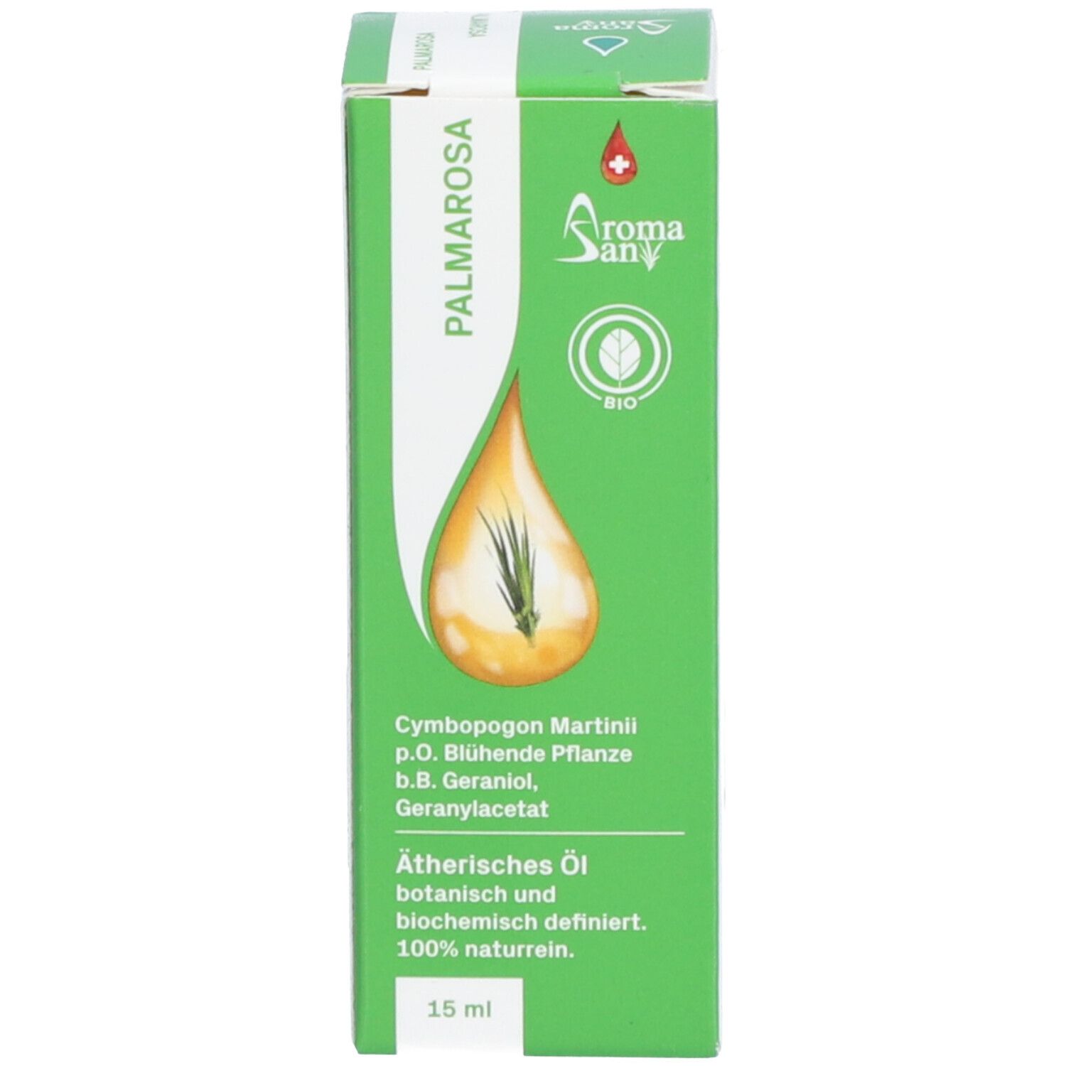 Grüne Verpackung mit Produktinformationen und Aromasan Logo. Tropfen-Illustration mit Pflanzen.