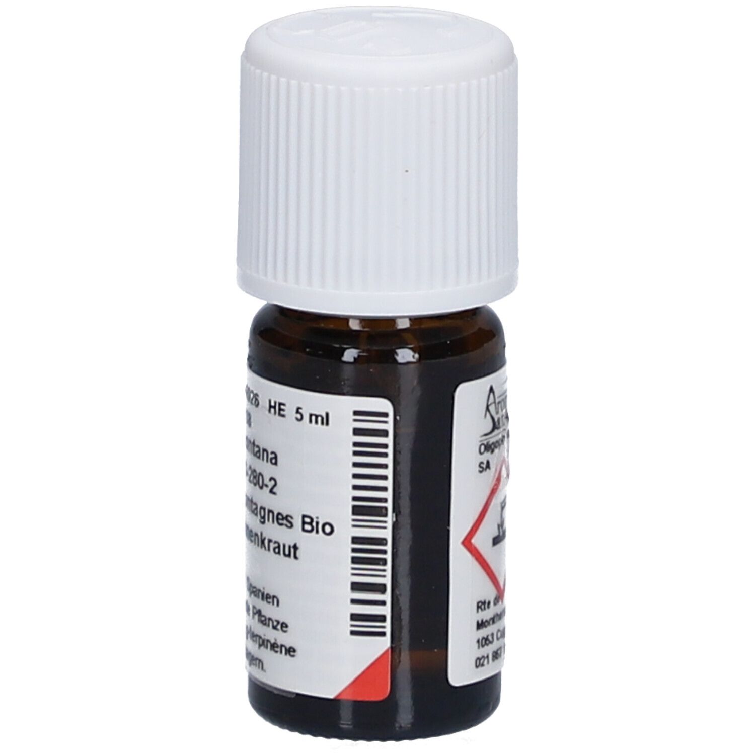Braune Glasflasche mit weißem Deckel. Etikett mit Text und Barcode. Produktname: Bergbohnenkraut. Volumen: 5 ml.
