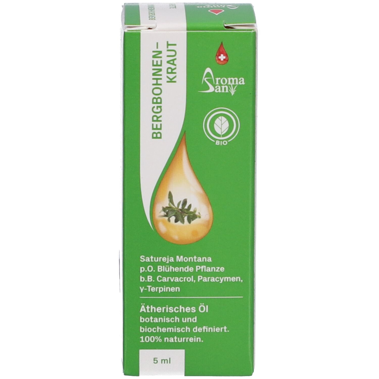 Grüne Verpackung mit Produktnamen: Bergbohnenkraut. Logo: Bio. Tropfenförmige Abbildung. Volumen: 5 ml.