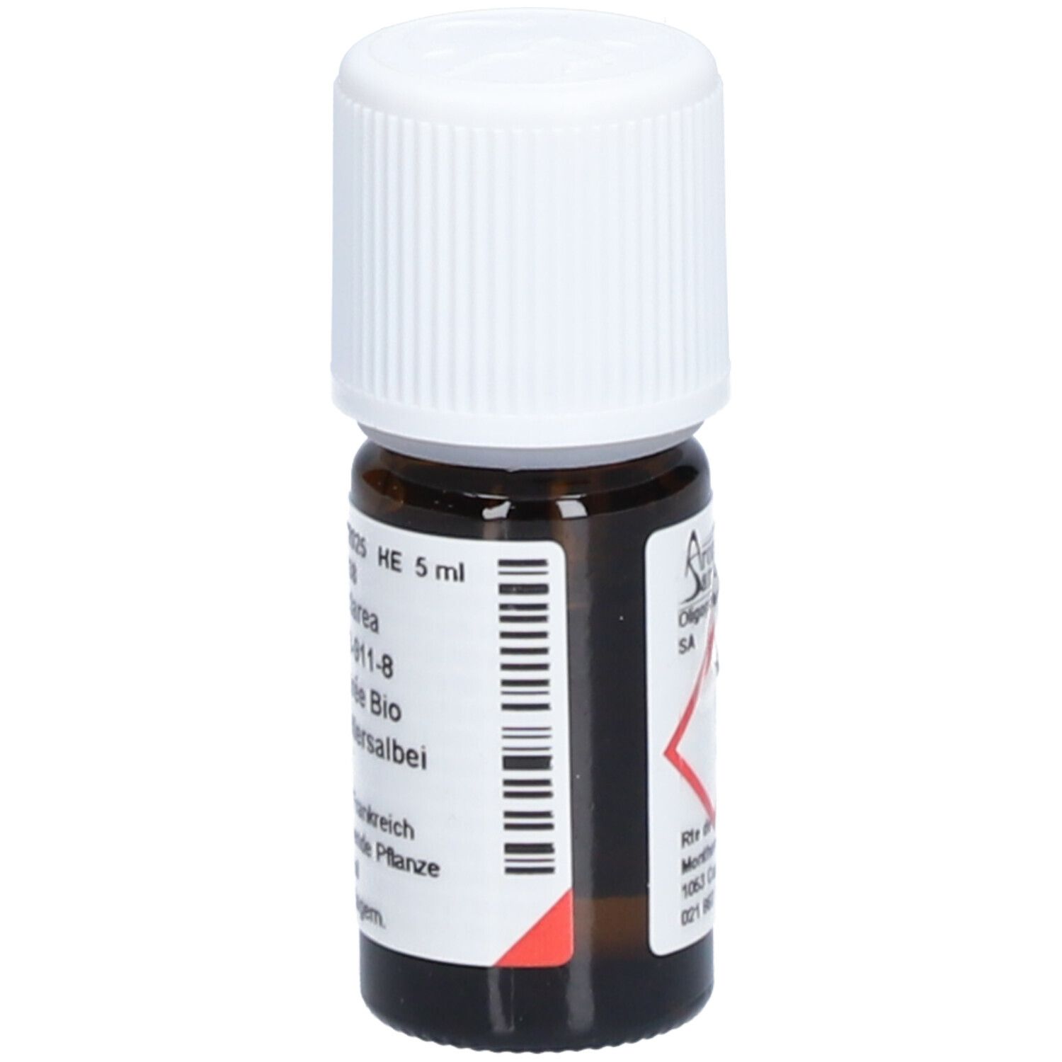 Bruine glazen fles met witte dop. Etiket met barcode en tekst: Salvia sclarea, Bio Muskaatsalie. Adres.
