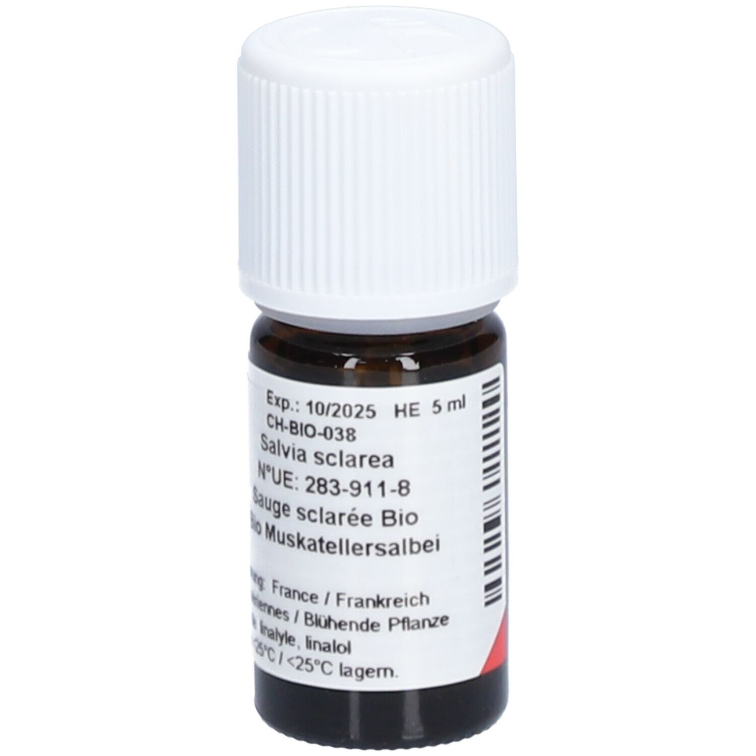 Bruine glazen fles met witte dop. Etiket met tekst: Salvia sclarea, Bio Muskaatsalie. Houdbaar tot 10/2025.