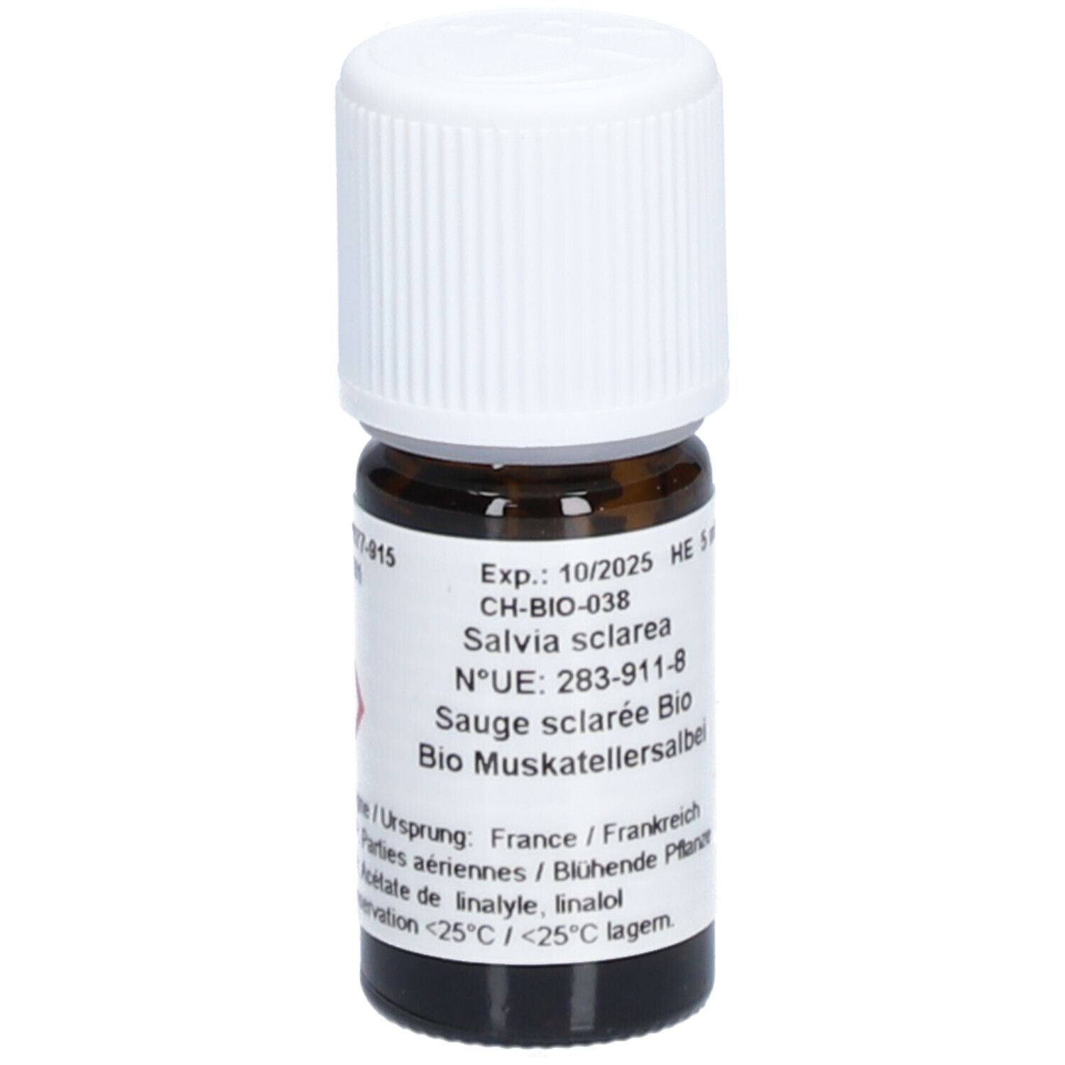 Bruine glazen fles met witte dop. Etiket met tekst: Salvia sclarea, Bio Muskaatsalie. Houdbaar tot 10/2025.