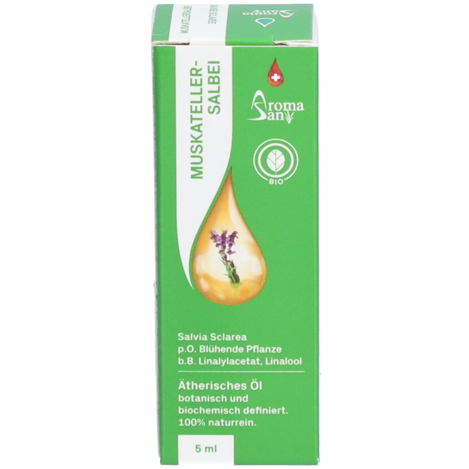 Groene productverpakking met logo en druppelillustratie. Tekst: Essentiële olie, 100% natuurlijk. Fles niet zichtbaar.
