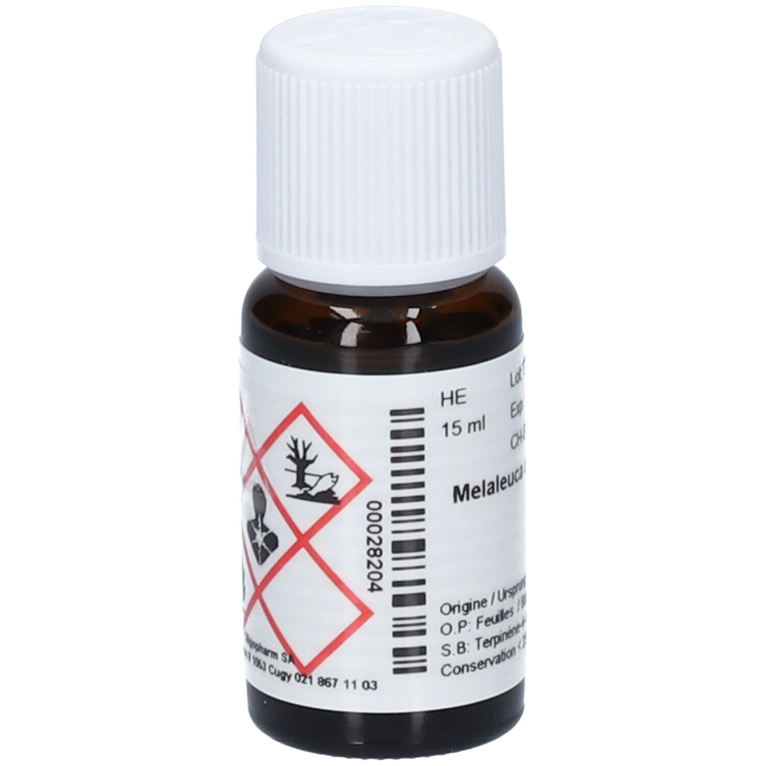 Braune Glasflasche mit weißem Deckel. Etikett mit Gefahrensymbolen. Text: Melaleuca. 15 ml.