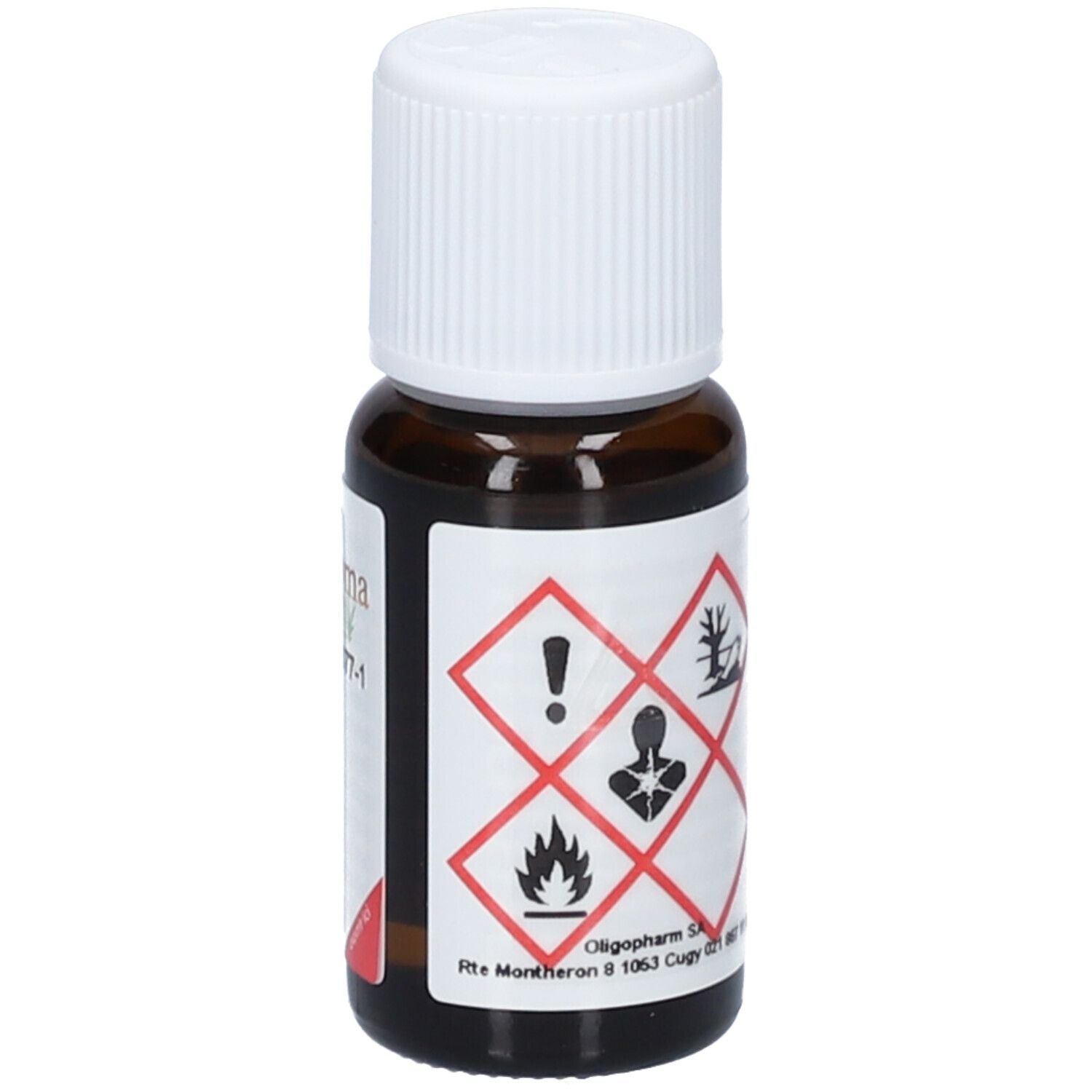 Braune Glasflasche mit weißem Deckel. Etikett mit Gefahrensymbolen. Text: Melaleuca. 15 ml.