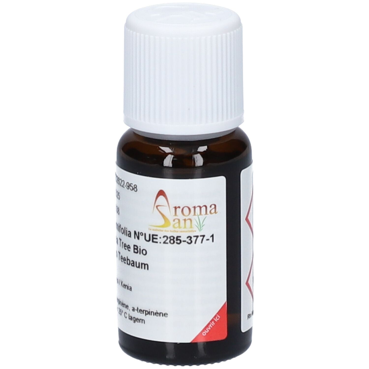 Braune Glasflasche mit weißem Deckel. Etikett mit Logo und Text: Aromasan, Melaleuca alternifolia, Tea Tree Bio. 15 ml.