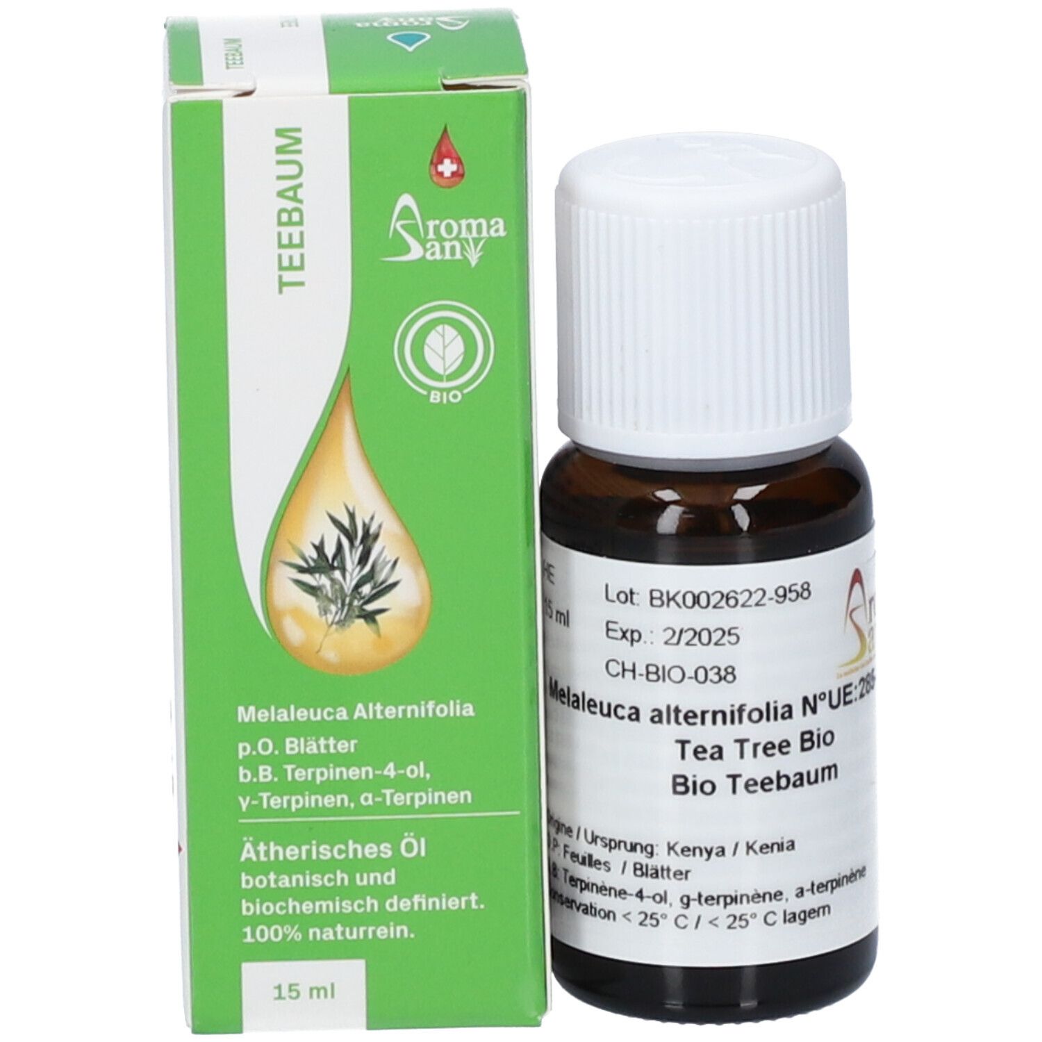 Braune Glasflasche mit weißem Deckel und grüne Verpackung. Etikett mit Text: Aromasan, Tea Tree Bio. 15 ml.