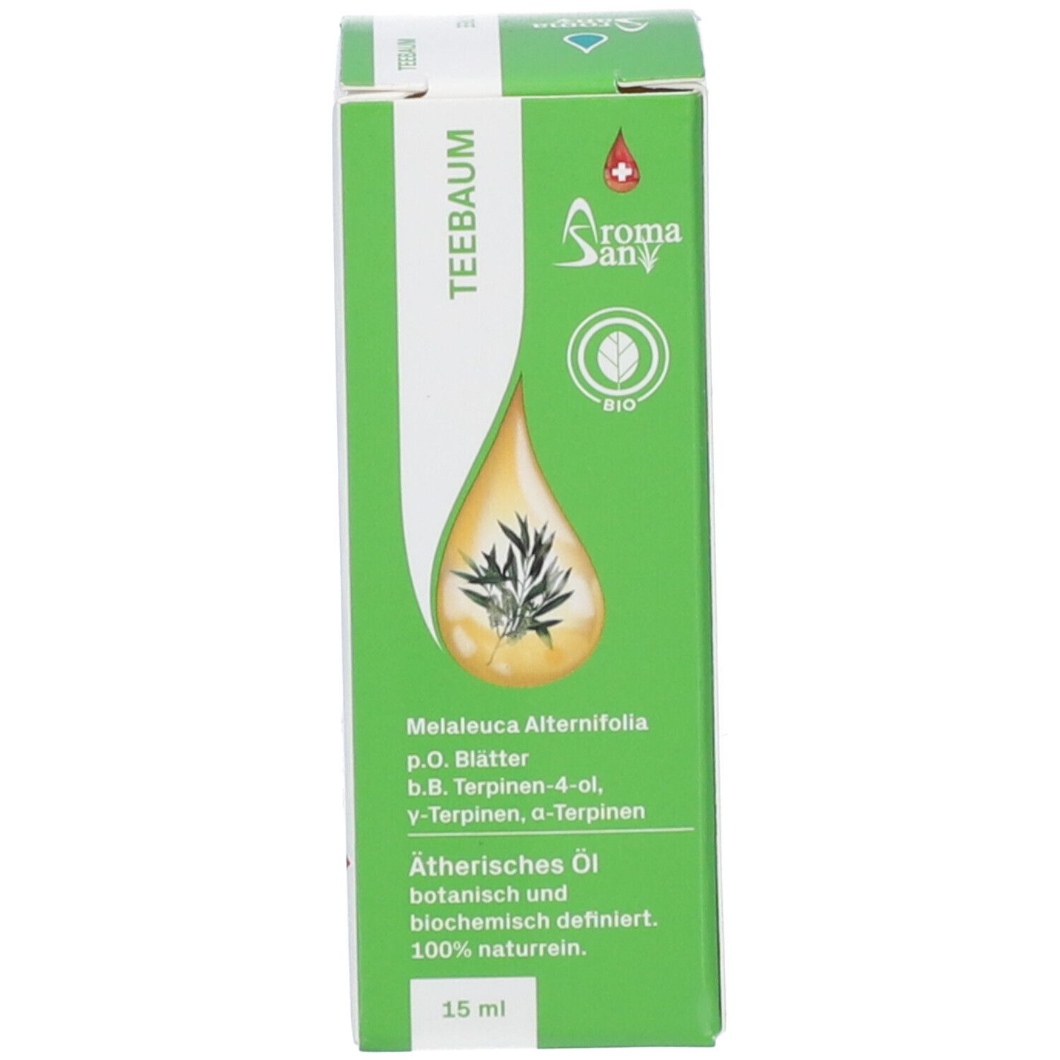 Grüne Verpackung mit Text: Aromasan, Teebaum. Tropfen-Illustration. 15 ml.