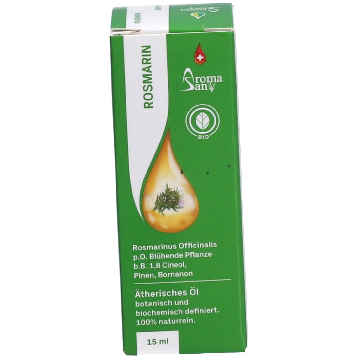 Grüne Schachtel mit Tropfen-Illustration und Produktinformationen. Aromasan-Logo.