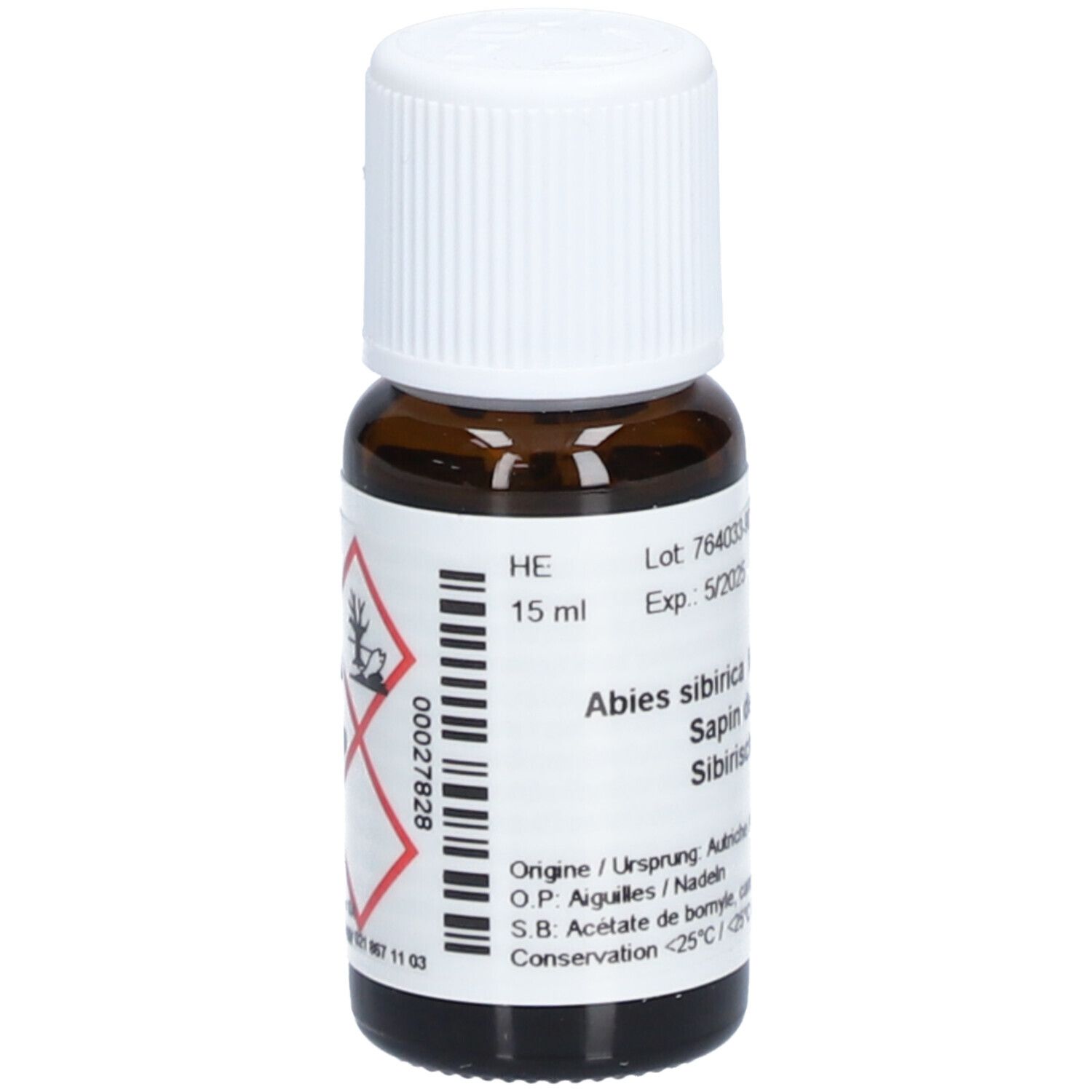 Flacon en verre brun avec bouchon blanc. Étiquette avec informations produit et symboles de danger. Texte: 15 ml, Aromasan.