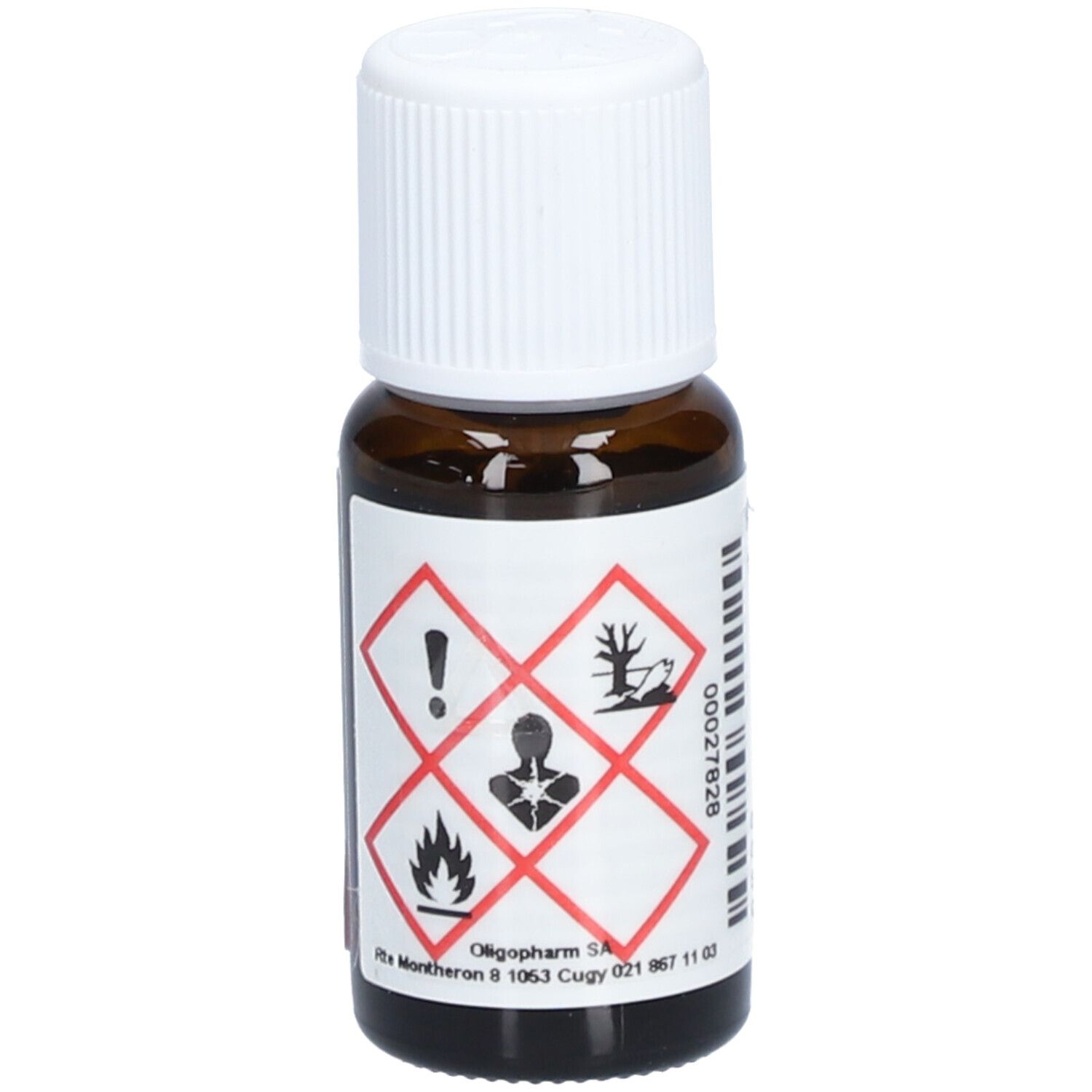 Flacon en verre brun avec bouchon blanc. Étiquette avec symboles de danger. Texte: Aromasan, Oligopharm.