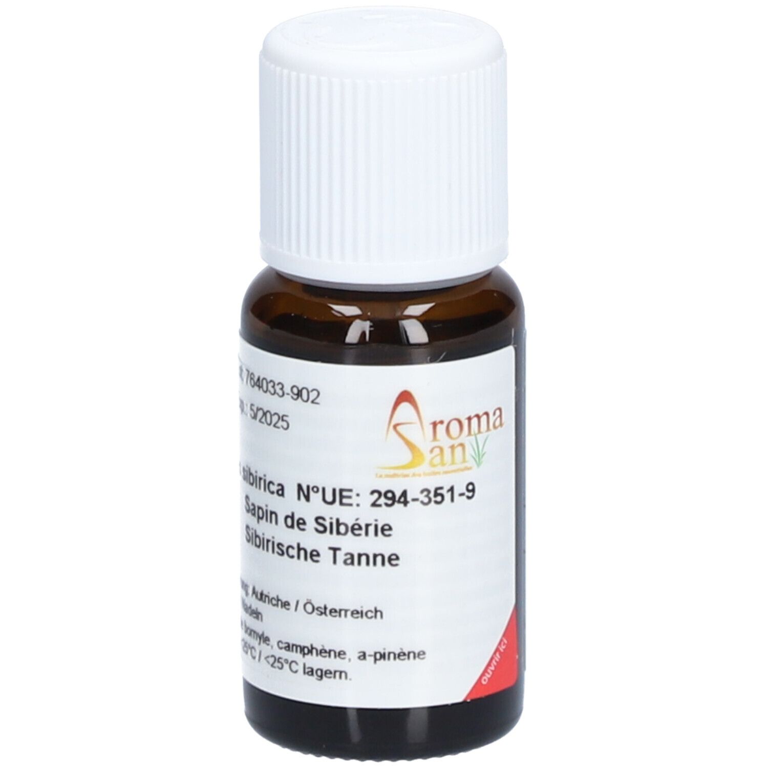 Flacon en verre brun avec bouchon blanc. Étiquette avec informations produit et logo. Texte: Aromasan, Sapin de Sibérie.
