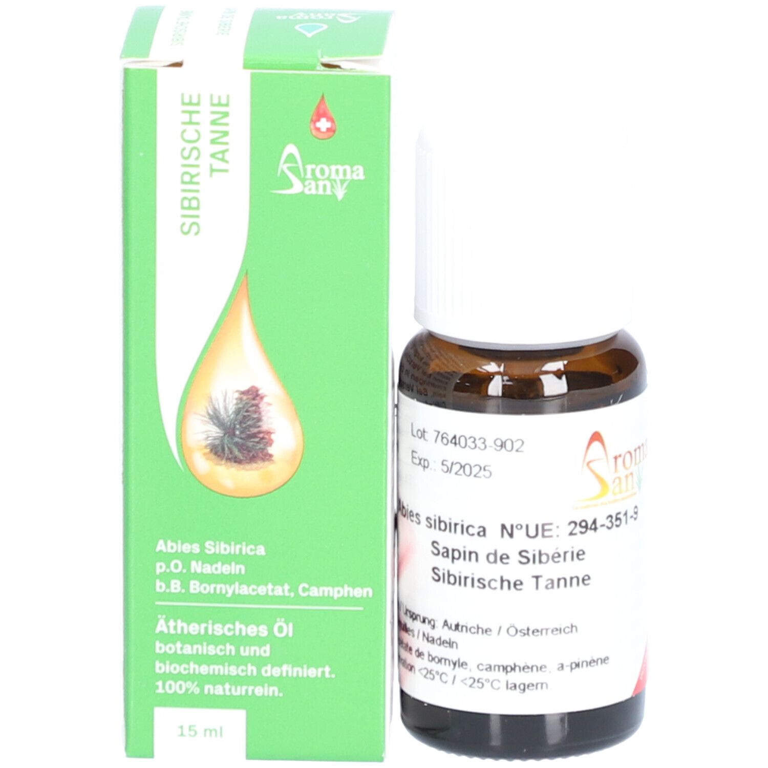 Flacon en verre brun avec bouchon blanc et emballage vert. Texte: Sapin de Sibérie, Aromasan, 15 ml.
