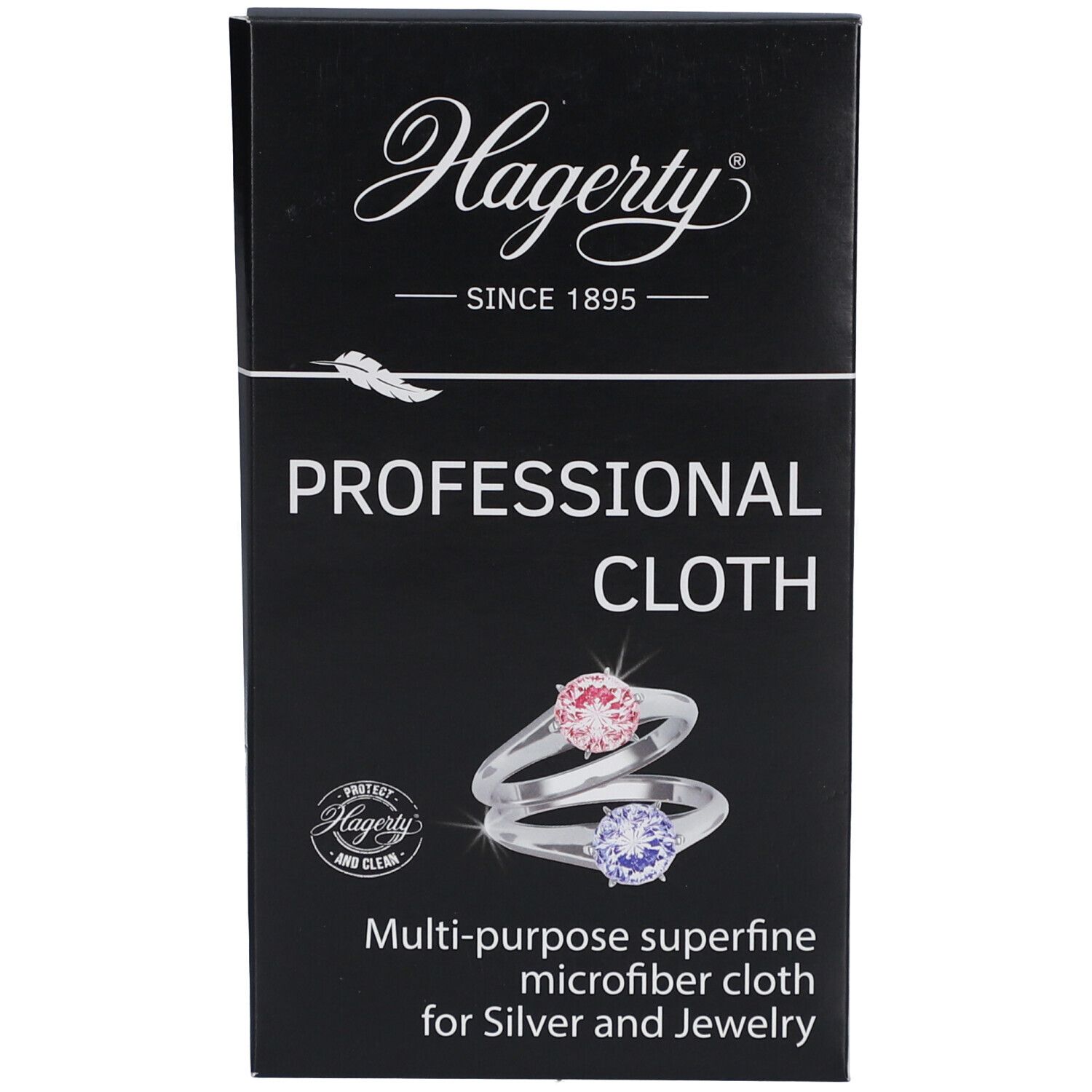 Schwarze Verpackung. Oben: Hagerty-Logo. Text: Professional Cloth. Abbildung: zwei Ringe. Text: Multi-purpose microfiber cloth for Silver & Jewelry.
