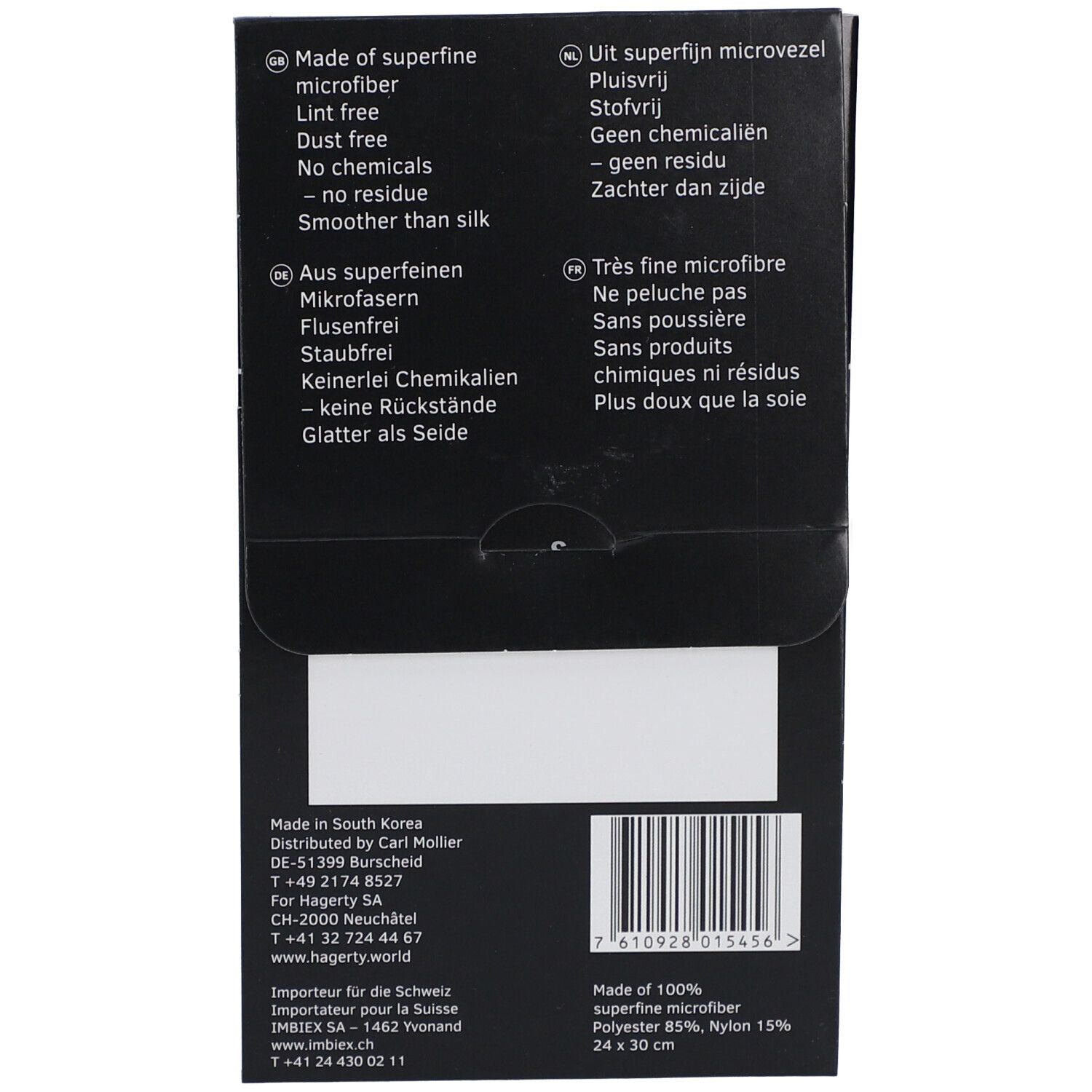 Rückseite der Verpackung. Text: Aus superfeinen Mikrofasern, flusenfrei, staubfrei, keine Chemikalien. Text: 24 x 30 cm. Barcode.