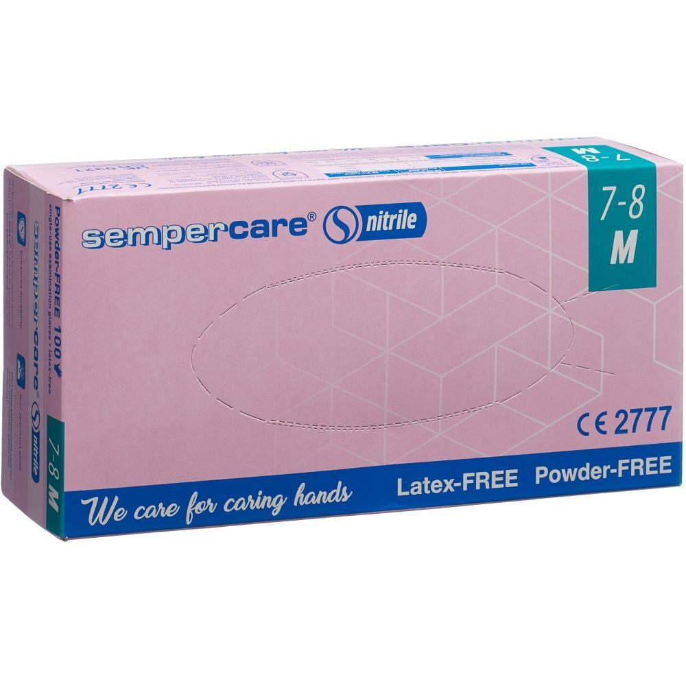 Rosa Schachtel mit Handschuhen. Aufschrift: sempercare® nitrile, Latex-FREE, Powder-FREE, Größe M 7-8.