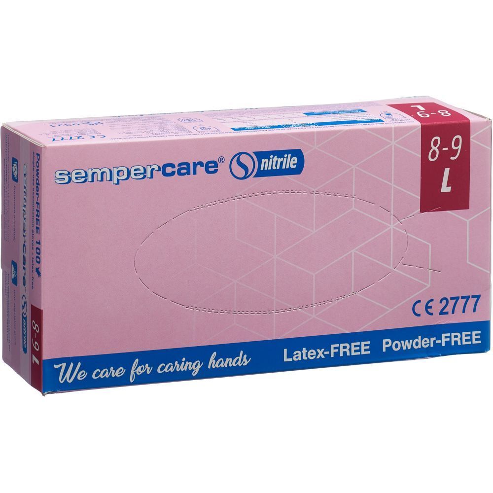 Rosa Schachtel mit Handschuhen. Aufschrift: sempercare® nitrile, Latex-FREE, Powder-FREE. Größe L 8-9.
