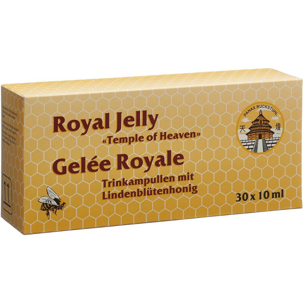 Gelée Royale-Packung. Schriftzug: Royal Jelly, Gelée Royale, 30 x 10 ml. Honigwabe-Muster, Biene.