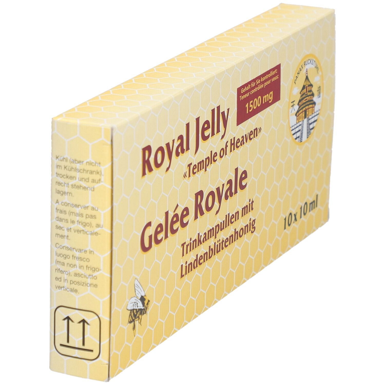 Gelbe Schachtel, Royal Jelly, Gelee Royale, 1500 mg. 10x10 ml Ampullen. Logo mit Biene und Tempel. Schräge Ansicht.