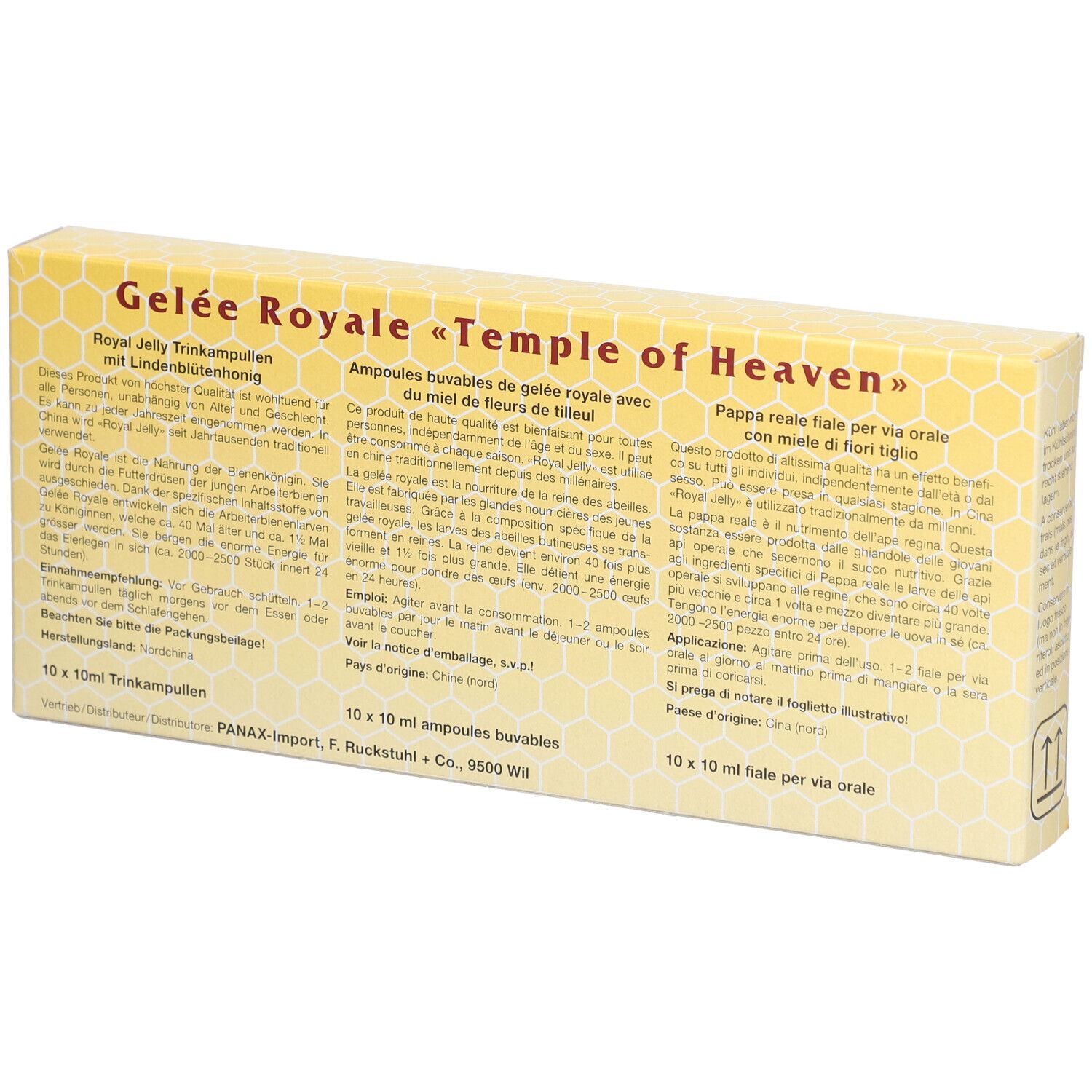 Rückseite der gelben Schachtel mit Text. Royal Jelly, Gelee Royale, 10x10 ml Ampullen. Text in Deutsch, Französisch und Italienisch.