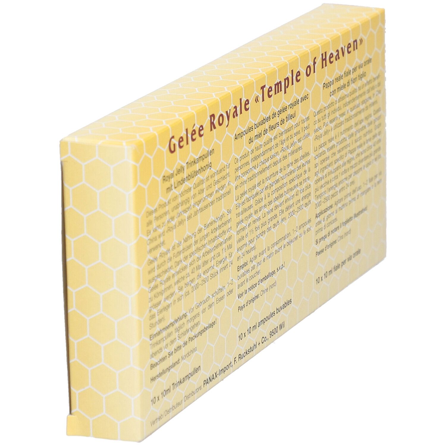 Schräge Ansicht der Rückseite der gelben Schachtel mit Text. Royal Jelly, Gelee Royale, 10x10 ml Ampullen. Text.