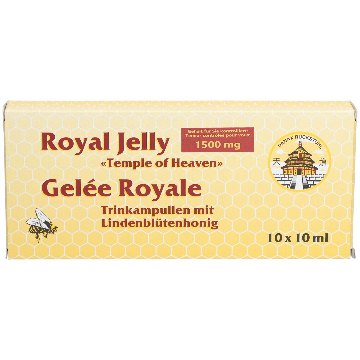 Gelbe Schachtel mit Aufschrift Royal Jelly, Gelee Royale, 1500 mg. 10x10 ml Ampullen. Logo mit Biene und Tempel.