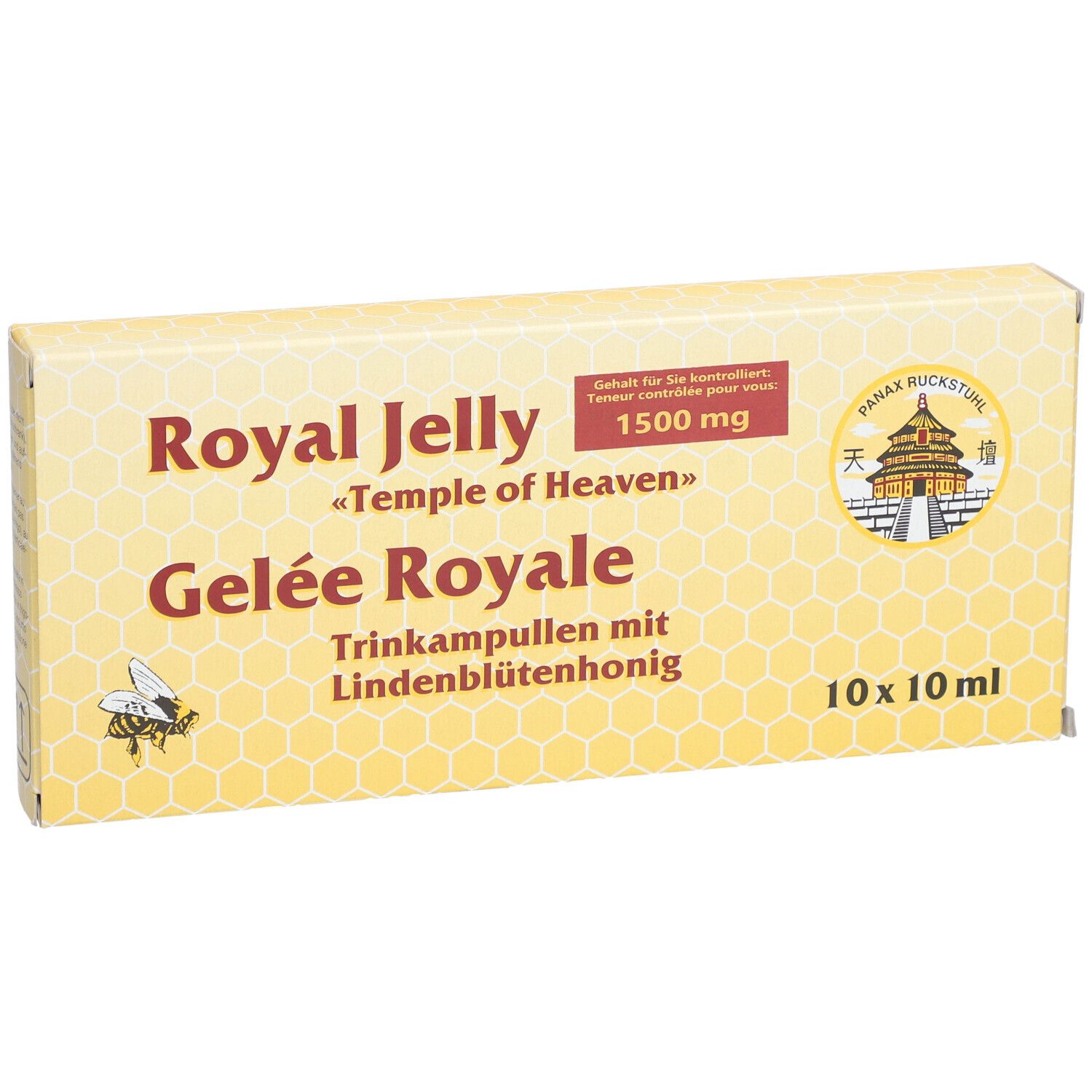 Gelbe Schachtel mit Aufschrift Royal Jelly, Gelee Royale, 1500 mg. 10x10 ml Ampullen. Logo mit Biene und Tempel.
