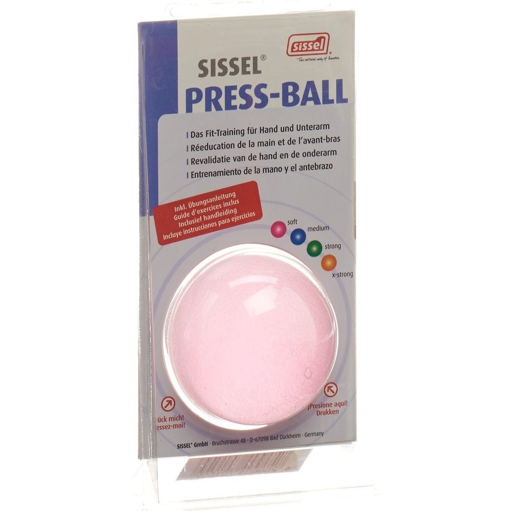 Rosa SISSEL® Press-Ball in Blisterverpackung. Aufdruck: PRESS-BALL, verschiedene Sprachen. Härtegrad-Indikatoren: soft, medium, strong.