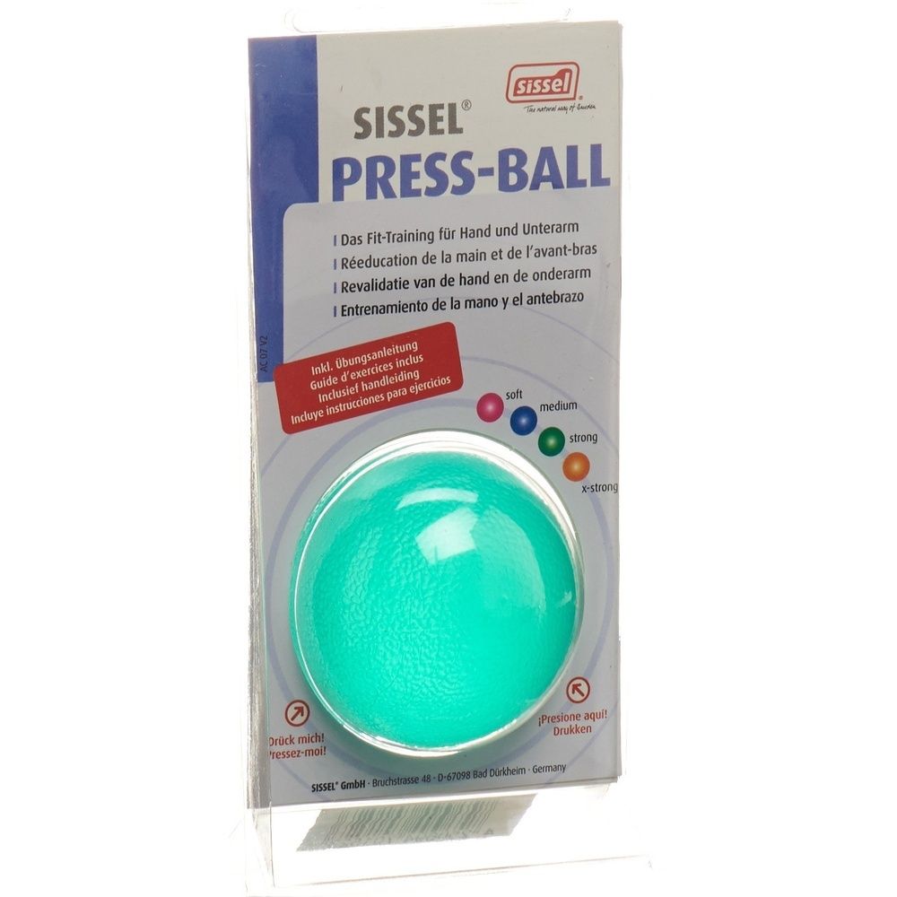 Grüner SISSEL Press-Ball in Verpackung. Aufdruck: SISSEL, PRESS-BALL, Fit-Training für Hand und Unterarm. Härtegrad-Indikatoren.