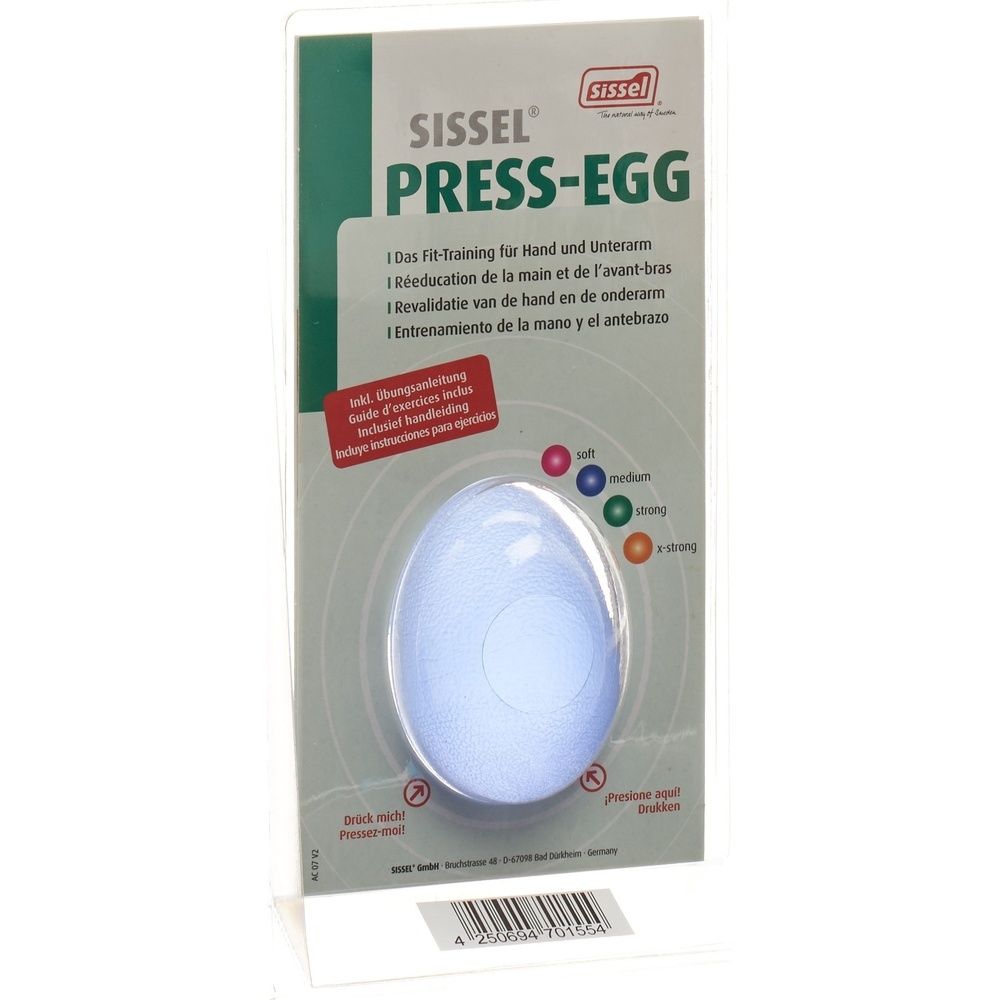 Blaues, ovales Trainingsgerät in Blisterverpackung. Beschriftung: Sissel Press-Egg, mit Härtegraden. Inklusive Übungsanleitung.