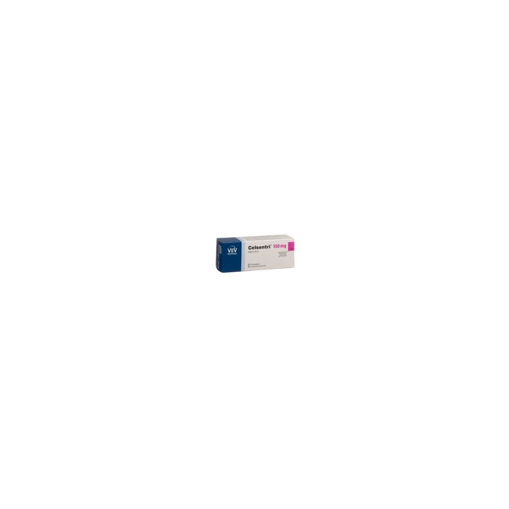 Boîte de CELSENTRI Filmtabl 150 mg. Boîte blanche avec texte bleu et rose. Logo VEY sur le côté gauche.