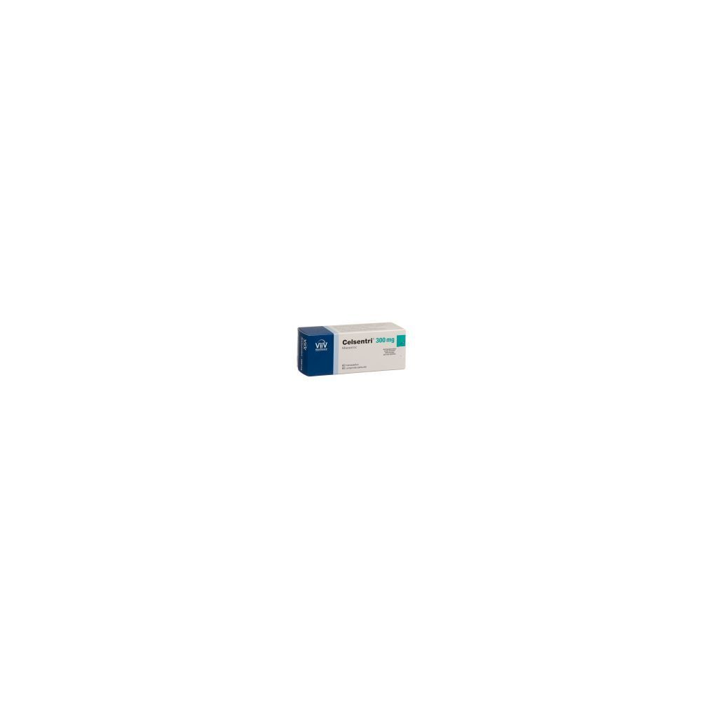 Boîte de CELSENTRI Filmtabl 300 mg. Boîte blanche avec coin bleu. Inscription : CELSENTRI 300 mg, 60 Stk.