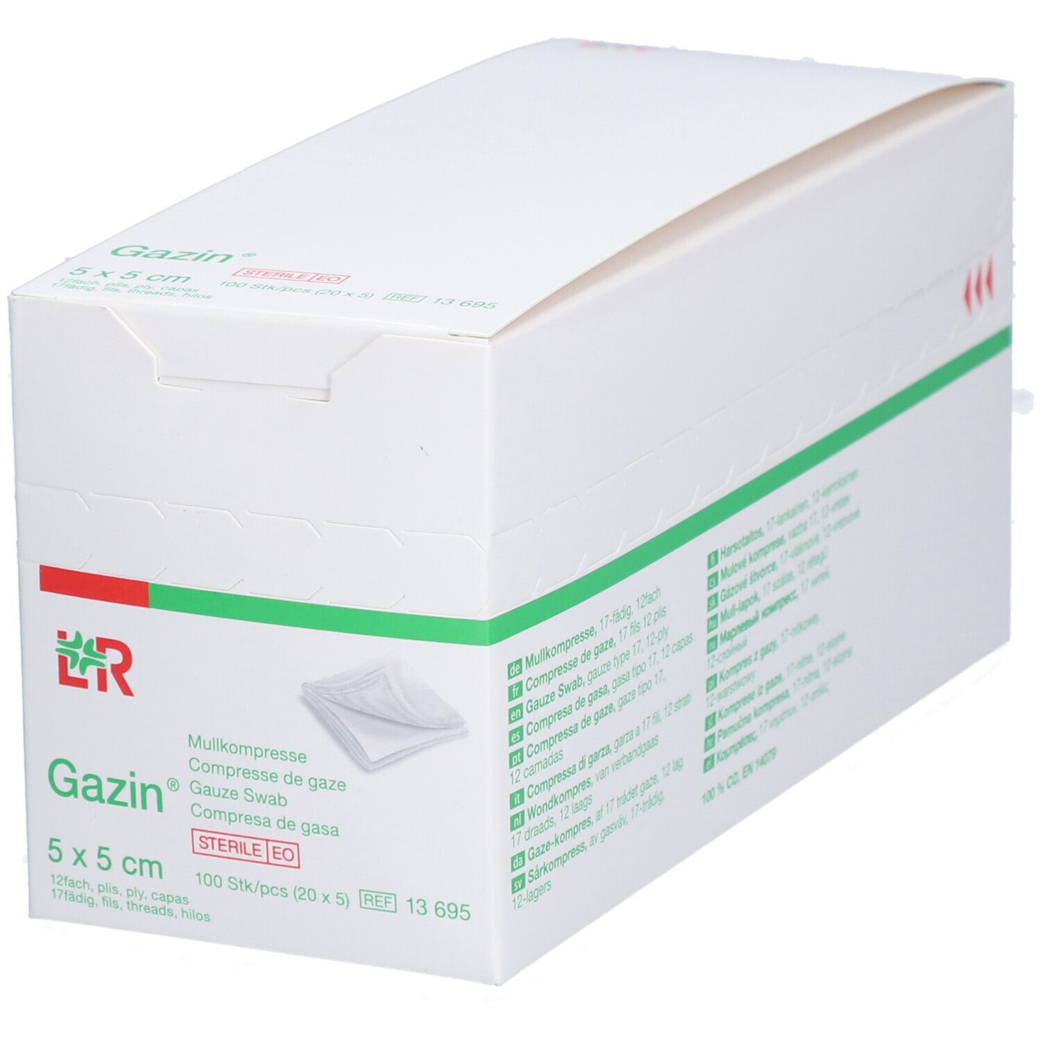 Boîte en carton blanche avec compresses de gaze Gazin 5x5 cm. Logo vert et rouge. Nom du produit et taille visibles.