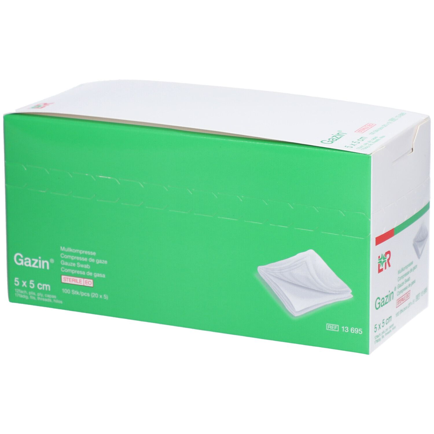Emballage en carton avec compresses de gaze Gazin 5x5 cm. Couleurs vert et blanc. Nom et taille du produit visibles.